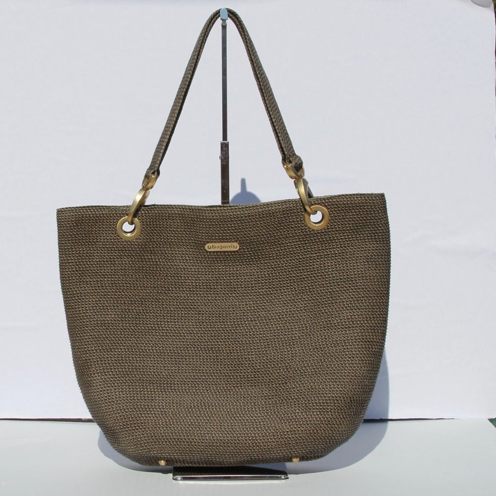 ERIC JAVITZ Black & Metallic Gold Woven Tote, Chunky Gold Accents, Medium Size